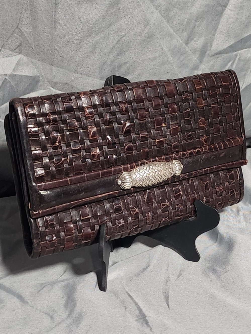 Vintage Brighton Dark Brown Woven Leather Organizer Wallet